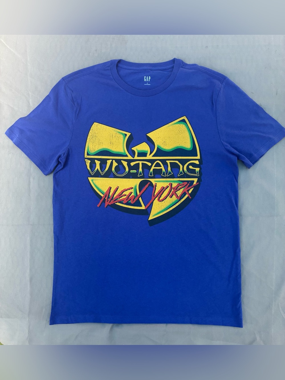 GAP Blue Graphic Tee with Yellow Wu-Tang Logo and Red Script